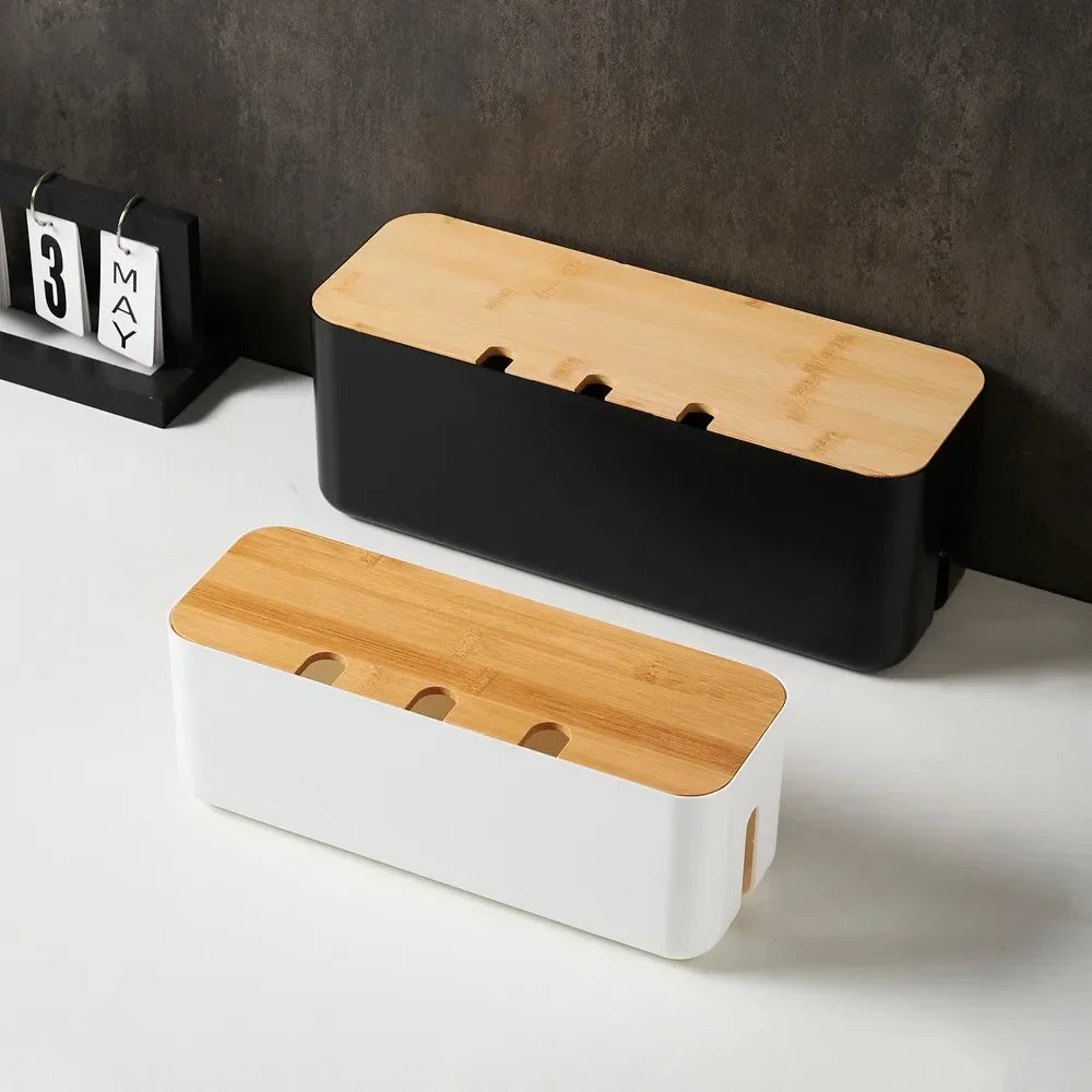 Caja Organizadora de Cables con Tapa de Bambú