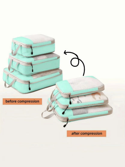 Set of 3 Compressible Packing Travel Storage Bags Cubes Waterproof Suitcase Nylon Portable with Handbag Luggage Organizer