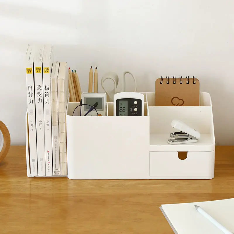 Large Capacity Desk Pen Holder With Drawer and Bookshelf. Pencil Storage Box Desktop Organizer School Office Stationery