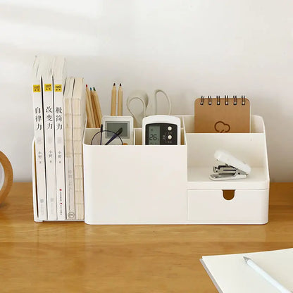 Large Capacity Desk Pen Holder With Drawer and Bookshelf. Pencil Storage Box Desktop Organizer School Office Stationery