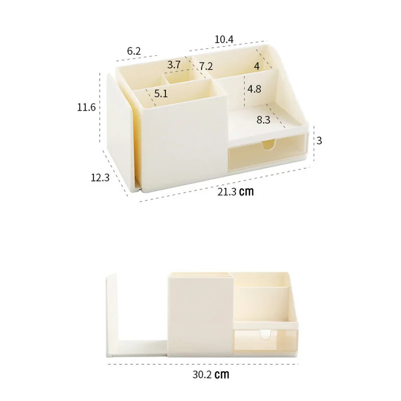 Large Capacity Desk Pen Holder With Drawer and Bookshelf. Pencil Storage Box Desktop Organizer School Office Stationery