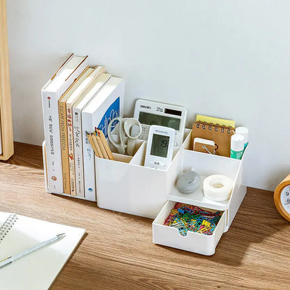 Large Capacity Desk Pen Holder With Drawer and Bookshelf. Pencil Storage Box Desktop Organizer School Office Stationery