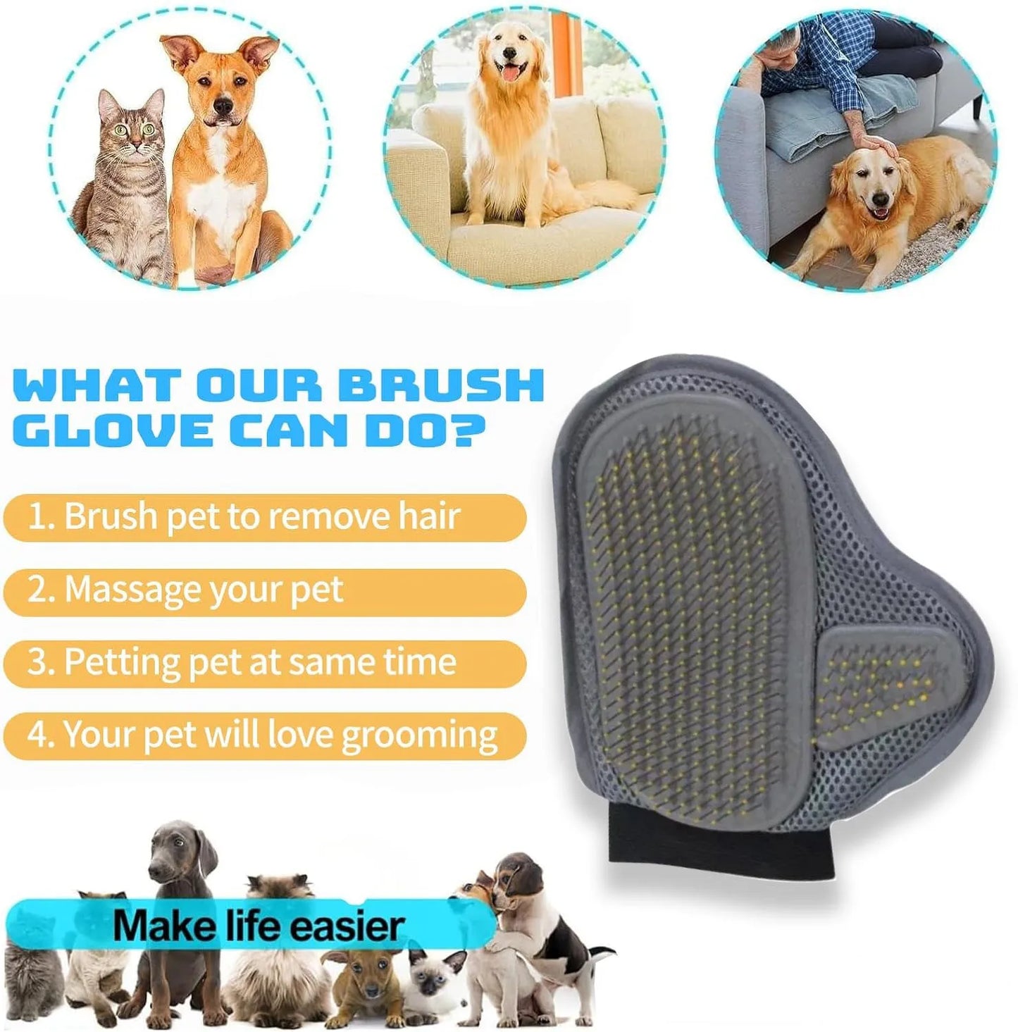 Pet Grooming Glove Hair Removal Gloves Cat Dog Fur Hair Deshedding Gentle Efficient Dog Combs Pet Bathing Massage Products