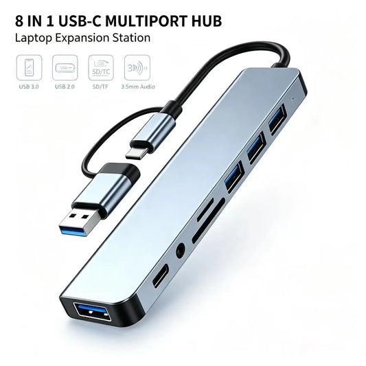 USB C Hub 8-in-1, HDMI 4K, RJ45, SD/TF Card Reader, PD Fast Charge