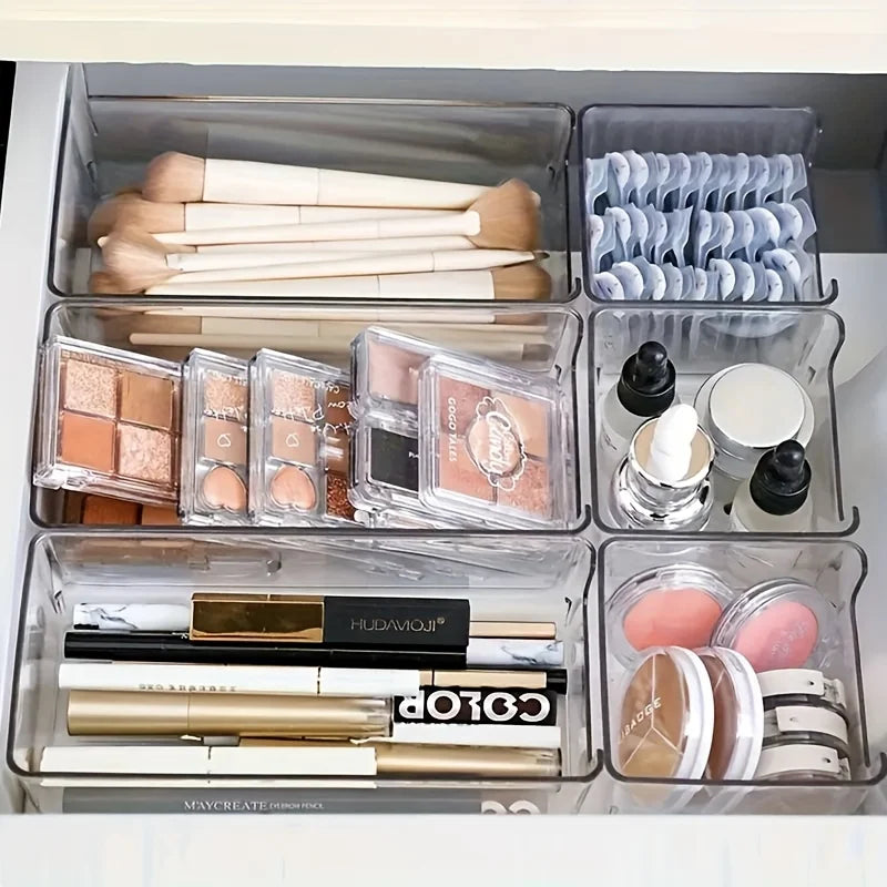 Clear Makeup Organizer Set of 7, Stackable Drawer Dividers for Cosmetics & Desk Storage, Countertop Organization