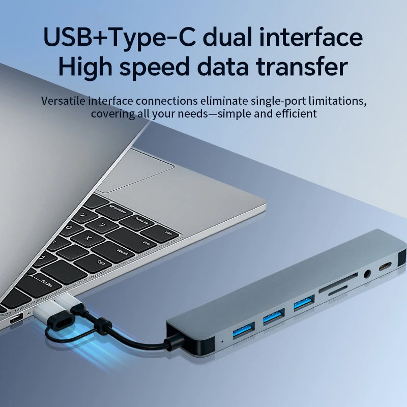 Hub USB 8 en 2 con Lector de Tarjetas y Puerto USB-C