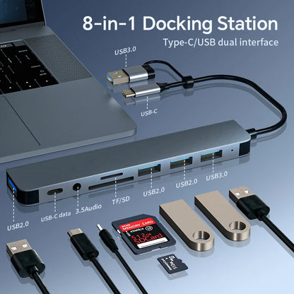 Hub USB 8 en 2 con Lector de Tarjetas y Puerto USB-C