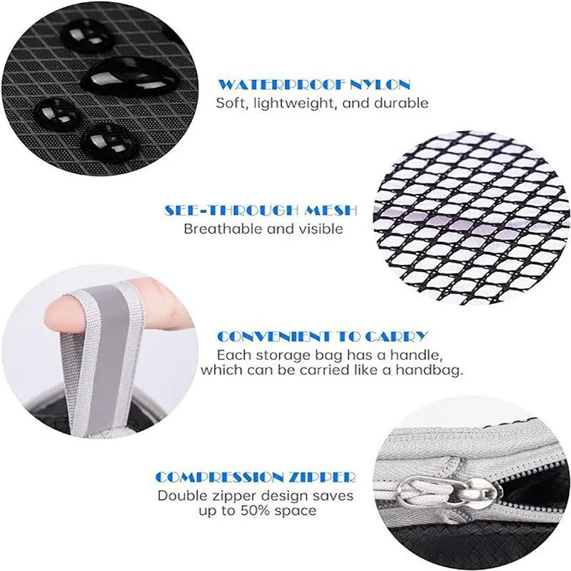 5PCS Travel Compressed Packing Cubes Storage Organizer Set With Shoe Bag Mesh Visual Luggage Portable Lightweight Suitcase Bag