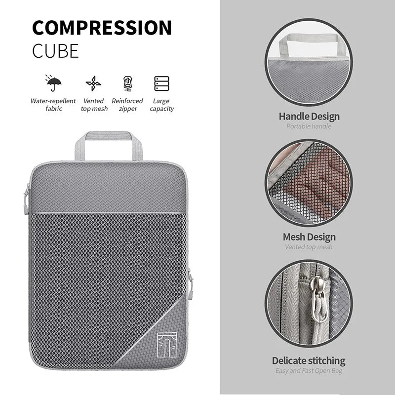 5PCS Travel Compressed Packing Cubes Storage Organizer Set With Shoe Bag Mesh Visual Luggage Portable Lightweight Suitcase Bag