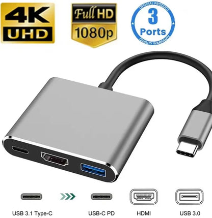 Hub USB-C 3 en 1 con PD 100W, HDMI 4K y USB 3.0