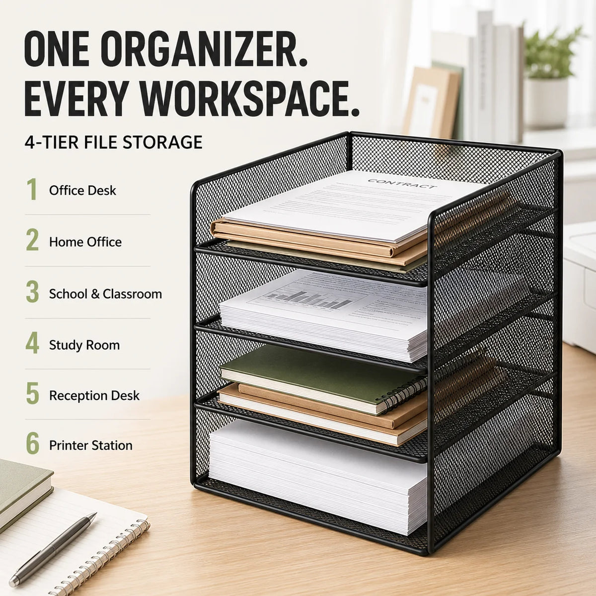 4-Tier Mesh Metal File Organizer, A4 Document Tray
