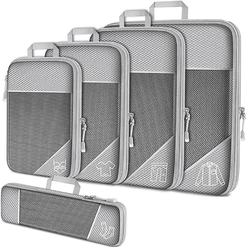 5PCS Travel Compressed Packing Cubes Storage Organizer Set With Shoe Bag Mesh Visual Luggage Portable Lightweight Suitcase Bag
