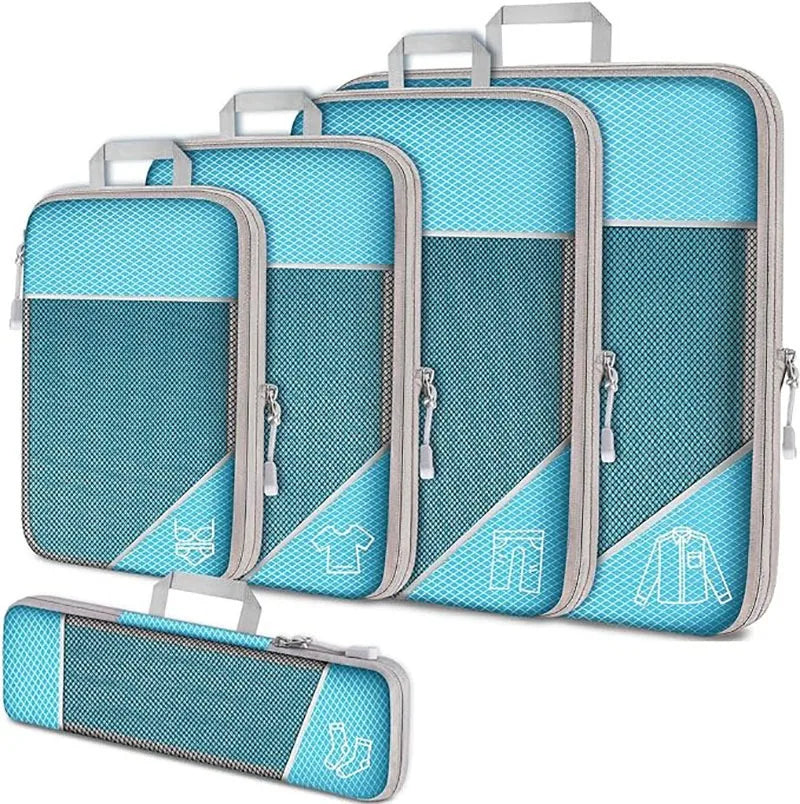 5PCS Travel Compressed Packing Cubes Storage Organizer Set With Shoe Bag Mesh Visual Luggage Portable Lightweight Suitcase Bag