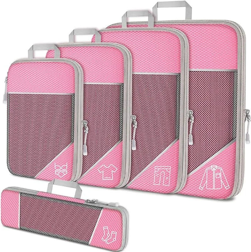 5PCS Travel Compressed Packing Cubes Storage Organizer Set With Shoe Bag Mesh Visual Luggage Portable Lightweight Suitcase Bag