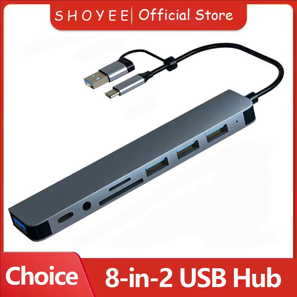 Hub USB 8 en 2 con Lector de Tarjetas y Puerto USB-C