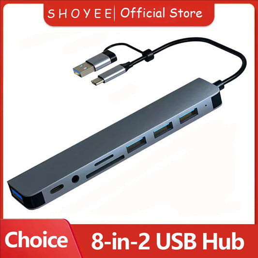 Hub USB 8 en 2 con Lector de Tarjetas y Puerto USB-C