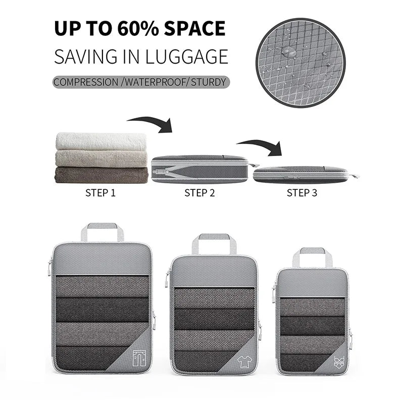 5PCS Travel Compressed Packing Cubes Storage Organizer Set With Shoe Bag Mesh Visual Luggage Portable Lightweight Suitcase Bag